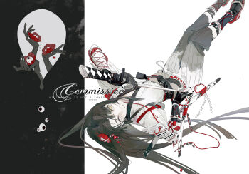 1girl absurdres black_gloves black_nails brown_hair commission eyeball eyelashes fingerless_gloves fingernails gloves hai_yexing_ren hair_ornament highres holding holding_sword holding_weapon legs_up long_hair long_sleeves looking_at_viewer mihuashi_commission nail_polish original pants parted_lips sandals socks solo sword watermark weapon yellow_eyes