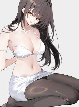 1girl :o adcd bare_shoulders bra breasts brown_hair brown_pantyhose cleavage collarbone dutch_angle highres large_breasts long_hair miniskirt navel open_mouth original pantyhose pencil_skirt seiza simple_background sitting skirt solo strap_slip tying_bra underwear white_background white_bra white_skirt yellow_eyes