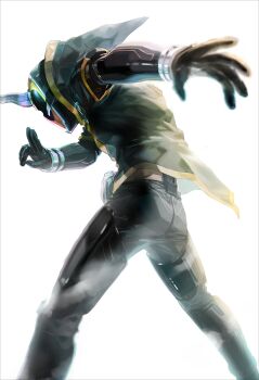 1boy absurdres bangle belt black_gloves bodysuit bracelet commentary_request fog from_below from_side gloves highres hood hood_down hooded_jacket horns jacket jewelry kamen_rider kamen_rider_ghost kamen_rider_ghost_(ore_damashii) kamen_rider_ghost_(series) kuji-in matsumoto_akira rider_belt short_sleeves simple_background single_horn solo tokusatsu white_background