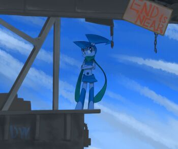 1girl android blue_eyes blue_hair blue_skirt blue_tank_top colored_skin crossed_arms dishwasher9 humanoid_robot jenny_wakeman joints metal_skin my_life_as_a_teenage_robot nickelodeon robot robot_girl robot_joints scarf screw skirt solo tank_top twintails white_skin