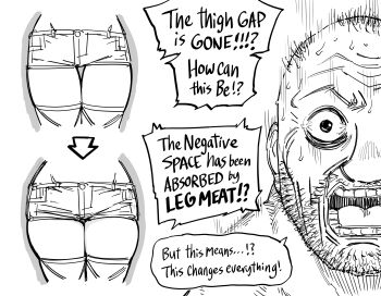 1boy absurdres arrow_(symbol) atelier_ryza atelier_ryza_1 bb_(baalbuddy) chart coomer_(meme) english_text greyscale highres meme monochrome original short_shorts shorts simple_background solo speech_bubble thighhighs thighs white_background