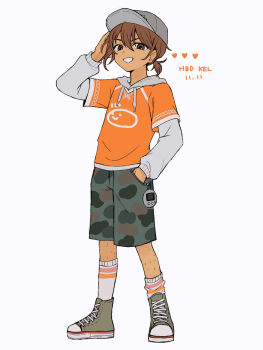 1boy :d arm_up baseball_cap brown_eyes brown_hair camouflage camouflage_shorts character_name commentary_request converse dark-skinned_male dark_skin dated double_horizontal_stripe drawstring from_below full_body green_shoes grey_hat grey_hoodie grey_shorts grin hand_in_pocket happy_birthday hat heart hector_(omori) highres hood hood_down hoodie kel_(birthday)_(omori) kel_(faraway)_(omori) kel_(omori) kneehighs layered_sleeves leg_hair long_sleeves looking_at_viewer low_ponytail male_focus official_alternate_costume official_alternate_hairstyle omori open_mouth orange_shirt ponytail puffy_long_sleeves puffy_sleeves sebon_(sebochin) shirt shoelaces shoes short_hair short_over_long_sleeves short_ponytail short_sleeves shorts simple_background smile socks solo standing v-shaped_eyebrows white_background white_socks
