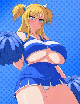 1girl alternate_costume bare_arms bare_shoulders blonde_hair blue_background blue_eyes blush breasts cameltoe cheerleader cleavage closed_mouth collarbone curvy highres holding holding_pom_poms huge_breasts kedaldus long_hair midriff miniskirt navel no_bra onizaki_kirara panties pom_pom_(cheerleading) pom_poms shiny_skin simple_background skirt solo taimanin_(series) taimanin_rpgx thighs twintails two_side_up underboob underwear wavy_mouth white_panties wide_hips
