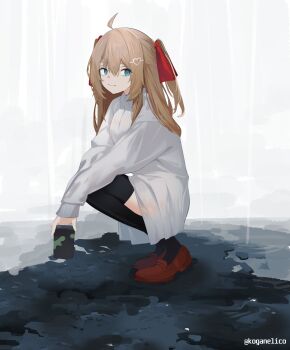 Rule 34 | 1girl, absurdres, ahoge, artist name, black thighhighs, blue eyes, brown hair, brown shoes, can, closed mouth, from side, full body, hair between eyes, hair ornament, hair ribbon, hashtag-only commentary, heart, heart hair ornament, highres, holding, holding can, koganelico, long hair, long sleeves, looking at viewer, neuro-sama, oversized clothes, oversized shirt, rain, red ribbon, ribbon, shirt, shoes, solo, squatting, thighhighs, two side up, vedal ai, virtual youtuber, white shirt