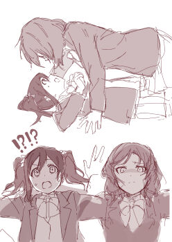 Rule 34 | !?, 2girls, absurdres, blazer, bow, bowtie, collared shirt, commentary request, frown, girl on top, greyscale, highres, inazuma (elect line), jacket, looking at another, love live!, love live! school idol project, lying, medium hair, monochrome, multiple girls, multiple views, nishikino maki, on back, open clothes, open jacket, open mouth, otonokizaka school uniform, pleated skirt, school uniform, shirt, skirt, sweatdrop, twintails, winter uniform, yazawa nico, yukadon, yuri