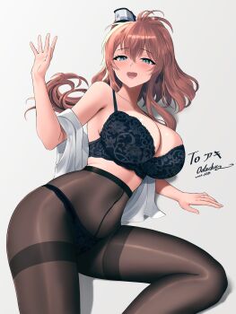 Rule 34 | 1girl, absurdres, aqua eyes, black bra, black panties, black pantyhose, blush, bra, breasts, brown hair, commentary request, commission, hair between eyes, high side ponytail, highres, jewelry, kantai collection, large breasts, long hair, odachu, panties, panties under pantyhose, pantyhose, pixiv commission, ponytail, ring, saratoga (kancolle), shirt, side ponytail, sidelocks, sleeveless, sleeveless shirt, smile, smokestack hair ornament, solo, thighband pantyhose, underwear, wedding ring, white shirt