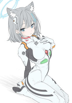 1girl alternate_costume animal_ear_fluff animal_ears arm_behind_back arm_support ayanami_rei ayanami_rei_(cosplay) blue_archive blue_eyes blush bodysuit closed_mouth cosplay cross_hair_ornament extra_ears grey_hair hair_between_eyes hair_ornament hairclip hand_on_own_chest hand_up highres kneeling long_hair looking_at_viewer mecha_pilot_suit neon_genesis_evangelion plugsuit seiza shiroko_(blue_archive) short_hair sidelocks simple_background sitting solo t1kosewad white_background white_bodysuit wolf_ears wolf_girl