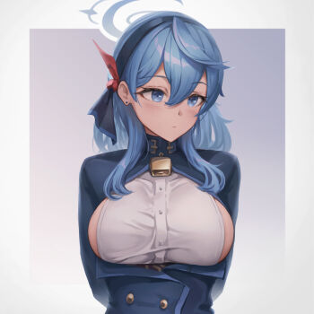 1girl ako_(blue_archive) arms_behind_back bell blue_archive blue_coat blue_eyes blue_hair blue_hairband blue_halo border breasts buttons coat commentary double-breasted earrings english_commentary hairband halo highres jewelry large_breasts medium_hair neck_bell outside_border sideboob solo stormstx upper_body white_border