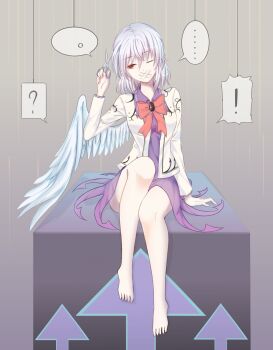 ! ... 1girl ? angel_wings arm_support arrow_(symbol) bare_legs barefoot bow bowtie box braid breasts brooch collared_shirt cutting_hair dress feathered_wings feet french_braid gag grey_hair hair_between_eyes hand_up highres hip_focus holding holding_scissors improvised_gag jacket jewelry kishin_sagume knee_up knees legs long_sleeves looking_to_the_side medium_breasts minuo one_eye_closed open_clothes open_jacket purple_dress red_bow red_bowtie red_eyes scissors shirt simple_background single_wing sitting solo speech_bubble string suit_jacket tape tape_gag thighs touhou white_wings wings
