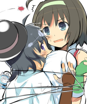 2girls accidental_pervert accidental_touch ahoge armor bdsm between_breasts black_hair blue_eyes blush bob_cut bondage bound bound_arms bound_together bowler_hat breast_smother breasts brown_hair chiyo_(senran_kagura) embarrassed face_between_breasts face_to_breasts fingerless_gloves gloves grabbing_another's_breast green_gloves green_hairband groping hairband hat head_between_breasts highres japanese_armor kote large_breasts looking_at_another looking_at_viewer looking_back messy_hair multiple_girls official_art open_mouth purple_eyes senran_kagura senran_kagura_new_wave shirt simple_background sleeveless sleeveless_shirt small_sweatdrop surprised syuri_(senran_kagura) white_background white_shirt yo-yo