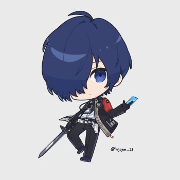 Rule 34 | 1boy, ahoge, armband, belt, black jacket, black pants, blue eyes, blue hair, card, chibi, chibi only, closed mouth, commentary, digital walkman, earphones removed, full body, gekkoukan high school uniform, grey background, hair over one eye, hgsym 23, highres, holding, holding card, holding sword, holding weapon, jacket, long sleeves, looking at viewer, male focus, mp3 player, open clothes, open jacket, pants, persona, persona 3, persona 3 reload, red armband, s.e.e.s, school uniform, short hair, solo, sword, symbol-only commentary, twitter username, weapon, yuuki makoto (persona 3)