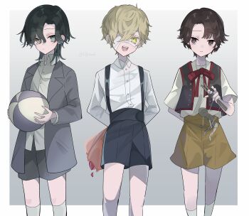 3boys absurdres aged_down arms_behind_back ball bandage_over_one_eye bandages black_eyes black_hair black_shorts black_vest blonde_hair bouquet bow brown_hair brown_shorts child closed_mouth collared_shirt expressionless florian_brand flower green_eyes grey_background grey_eyes grey_jacket hair_over_one_eye heterochromia highres holding holding_ball holding_bouquet jacket long_sleeves looking_at_viewer male_focus matthias_czernin multiple_boys one_eye_covered open_clothes open_mouth potechi_(kaoriion613) puppet puppet_strings red_ribbon ribbon richard_sterling shirt short_hair short_sleeves shorts smile socks suspender_shorts suspenders vest white_background white_shirt white_socks yellow_eyes