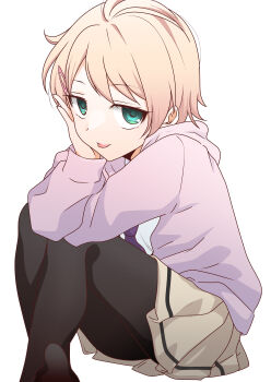 1girl :p absurdres black_pantyhose blonde_hair commentary_request feet_out_of_frame from_side green_eyes hand_on_own_cheek hand_on_own_face hand_up highres hikaru_(ofuton_at5) hood hood_down hoodie kuroki_tomoko long_sleeves looking_at_viewer miniskirt necktie official_alternate_hair_color official_alternate_hair_length official_alternate_hairstyle pantyhose pink_hoodie pleated_skirt purple_necktie school_uniform shirt short_hair simple_background sitting skirt solo tongue tongue_out watashi_ga_motenai_no_wa_dou_kangaetemo_omaera_ga_warui! white_background white_shirt yellow_skirt