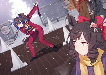 absurdres animal_ears breasts brown_coat brown_hair cleavage coat commentary_request daiichi_ruby_(umamusume) daitaku_helios_(umamusume) ear_covers electric_fan hair_ornament highres horse_ears horse_girl horse_tail long_hair long_sleeves motsunabe_(mo2nap3) multicolored_hair one_eye_closed open_mouth purple_eyes scarf school_gateway smile streaked_hair tail traffic_cone umamusume white_breath_(t.m.revolution) yellow_eyes yellow_scarf