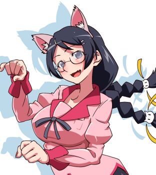 animal_ear_fluff animal_ear_hairband animal_ears blue_shirt blush braid breasts cat_ears collar collarbone commentary_request drop_shadow fake_animal_ears fang floating_hair glasses grey_eyes hair_ornament hairband hairpin hanekawa_tsubasa highres juliet_sleeves large_breasts long_sleeves looking_at_viewer monogatari_(series) multiple_hairpins naoetsu_high_school_uniform open_mouth parted_bangs paw_pose puffy_sleeves purple_hair purple_ribbon red_collar red_trim ribbon risator school_uniform shirt shirt_ribbon simple_background skin_fang smile twin_braids upper_body white_background