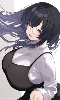 1girl black-framed_eyewear black_dress black_hair breasts commentary_request dress floating_hair glasses gradient_background grey_background highres huge_breasts long_hair long_sleeves looking_at_viewer open_mouth original pinafore_dress purple_eyes ribbed_sweater sleeveless sleeveless_dress smile solo sweater turtleneck turtleneck_sweater twitter_username upper_body urabanasimati white_background white_sweater