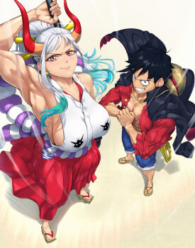 >:) 1boy 1girl abs absurdres arm_up armpits bare_arms bare_shoulders black_hair blue_hair blue_shorts breasts burn_scar closed_mouth club club_(weapon) coat coat_on_shoulders collarbone cracking_knuckles curled_horns facial_scar fist_in_hand from_above full_body geta green_hair grin hair_ornament hair_stick hakama hat hat_on_back high_ponytail highres holding holding_weapon horns huge_breasts japanese_clothes kanabou kimono legs_apart long_hair looking_at_viewer looking_up monkey_d._luffy multicolored_hair multicolored_horns one_piece oni open_clothes open_shirt orange_eyes orange_horns own_hands_together pectorals ponytail qtime_702 red_hakama red_horns red_shirt rope sandals scar scar_on_cheek scar_on_chest scar_on_face shimenawa shirt short_hair shorts sideboob sleeveless sleeveless_kimono smile standing stomach straw_hat toes toned toned_male v-shaped_eyebrows very_long_hair weapon white_hair wind yamato_(one_piece)