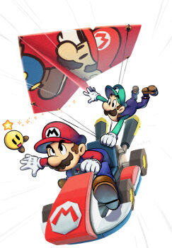 Rule 34 | 1girl, 2boys, :d, blue overalls, brothers, brown hair, brown shoes, driving, facial hair, gloves, go-kart, green hat, green shirt, hat, highres, holding, long sleeves, luigi, male focus, mario, mario &amp; luigi: paper jam, mario &amp; luigi rpg, mario (series), mario kart, motor vehicle, multiple boys, mustache, nintendo, open mouth, outstretched arm, overalls, paper mario (character), parachute, red hat, red shirt, shirt, shoes, short hair, siblings, sitting, smile, sparkle, standard 8 (mario), starlow, white background, white gloves, yamari (ya mari 6363)