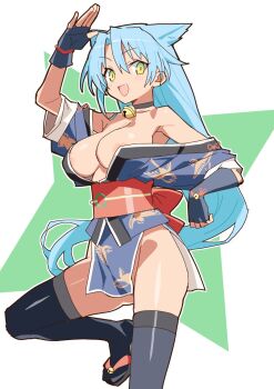 1girl areola_slip bare_shoulders bell blue_hair breasts cleavage fingerless_gloves gloves highres japanese_clothes kimono large_breasts long_hair looking_at_viewer matuo3232 neck_bell no_panties open_mouth rance_(series) sengoku_rance simple_background smile solo suzume_(rance) thighhighs yellow_eyes