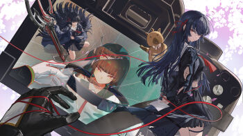 1girl absurdres arm_cutout black_gloves black_hair black_jacket black_shirt black_skirt breasts broken_glass camera chisa_(wuthering_waves) closed_mouth clothing_cutout commentary_request different_reflection glass gloves hair_ribbon highres jacket long_hair long_sleeves looking_at_viewer male_rover_(wuthering_waves) medium_breasts multiple_views namipon_(wuthering_waves) neckerchief red_eyes red_neckerchief red_ribbon reflection ribbon rover_(wuthering_waves) sailor_collar shirt shuiqimu skirt smile string string_of_fate sword tacet_mark_(wuthering_waves) thigh_strap weapon white_sailor_collar wuthering_waves