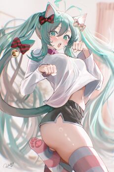 1girl absurdres alternate_breast_size_(larger) animal_ears antenna_hair aqua_eyes aqua_hair black_shorts blurry blurry_background blush cat_ears commentary dolphin_shorts hatsune_miku highres long_hair looking_at_viewer midriff_peek navel open_mouth paw_pose rosebell shorts solo striped_clothes striped_thighhighs sweater thighhighs thighs twintails very_long_hair vocaloid white_sweater