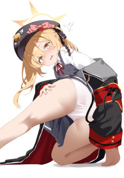 1girl ^^^ absurdres armband ass barefoot black_coat black_dress black_hat black_horns black_jacket black_tail blonde_hair blue_archive blush bow chain coat collared_shirt commentary demon_girl demon_horns demon_tail dress feet gold_chain hair_ornament halo hat hat_bow heart heart_hair_ornament highres horns ibuki_(blue_archive) jacket kneeling loli long_hair long_sleeves looking_at_viewer looking_back open_clothes open_jacket open_mouth panties pantyshot peaked_cap pinafore_dress pink_bow pointy_ears red_armband red_ribbon ribbon shadow shirt side_ponytail simple_background sleeveless sleeveless_dress sleeves_past_fingers sleeves_past_wrists solo tail tearing_up underwear utyuueituu white_background white_panties white_shirt yellow_eyes yellow_halo