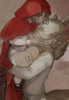 1girl 1other animal animal_ears bandaged_leg bandages black_shoes bloomers blouse blunt_bangs brown_hair cape cloak closed_mouth commentary cowboy_shot expressionless hair_over_one_eye holding holding_animal hood kneehighs little_red_riding_hood_(fairy_tale) little_red_riding_hood_(fairy_tale_character) long_sleeves looking_at_viewer mary_janes muted_color nekosuke_(oxo) orange_eyes pale_skin red_cape shadow shirt shoes short_hair sidelighting sidelocks simple_background sitting socks symbol-only_commentary underwear white_shirt wolf wolf_ears