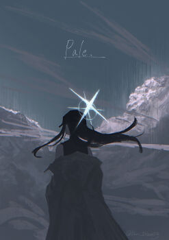 1girl absurdres baseball_cap black_hair black_shirt blue_archive blue_sky cloud cloudy_sky coat commentary_request cumulonimbus_cloud english_text from_behind glitch halo hat highres kani_etizen03 long_hair saori_(blue_archive) shirt sky solo white_coat white_halo