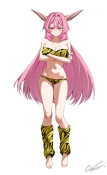 1girl absurdres alternate_costume animal_print barefoot bikini blush breasts cleavage commentary_request crossed_arms full_body highres horns ibaraki_douji_(touhou) ibaraki_kasen large_breasts leg_warmers long_hair navel oni pink_eyes pink_hair red_nails signature simple_background solo stomach swimsuit tadano1129 tiger_print toes touhou very_long_hair white_background yellow_bikini yellow_leg_warmers