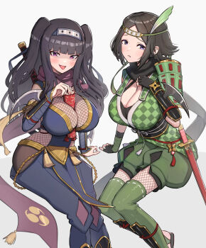 2girls absurdres arm_blade between_breasts black_gloves bodystocking breasts brown_hair checkered_print cleavage feather_hair_ornament feathers fingerless_gloves fire_emblem fire_emblem_awakening fire_emblem_heroes fishnet_bodystocking fishnets gloves gonzarez hair_ornament hand_on_own_chest headband highres large_breasts long_hair looking_at_viewer mother_and_daughter multiple_girls naughty_face ninja nintendo noire_(fire_emblem) noire_(ninja)_(fire_emblem) official_alternate_costume open_mouth paintbrush purple_eyes scarf scroll short_hair simple_background smile tharja_(fire_emblem) tharja_(ninja)_(fire_emblem) tongue tongue_out two_side_up vambraces weapon