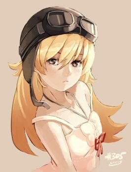 Rule 34 | 1girl, bakemonogatari, bare shoulders, blonde hair, commentary, dress, helmet, long hair, looking at viewer, monogatari (series), nisemonogatari, oshino shinobu, simple background, upper body