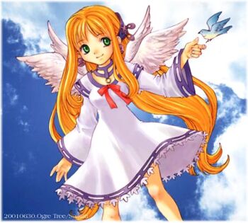 Rule 34 | 1girl, 2001, animal, artist name, bad id, bird, blonde hair, blue bird, blue choker, blue sky, border, breasts, cherie espoir, chest ribbon, choker, closed mouth, cloud, commentary request, dated, dress, earrings, feathered wings, green eyes, jewelry, legs apart, long hair, long sleeves, lowres, marl kingdom, medium breasts, multiple wings, red ribbon, rhapsody, ribbon, ribbon-trimmed dress, ribbon-trimmed sleeves, ribbon trim, saikachi (ogre tree), sky, smile, sphere earrings, standing, white border, white dress, white wings, wings