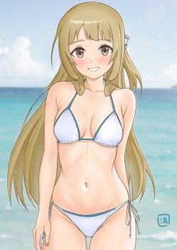 1girl arm_at_side arm_behind_back armpit_crease artist_logo bare_arms bare_shoulders bikini blonde_hair blurry blurry_background blush breasts brown_eyes commentary_request cowboy_shot day gluteal_fold grin hair_ribbon highres horizon logo long_hair looking_at_viewer man12sikata-04 medium_breasts navel nogi_sonoko ocean outdoors ribbon side-tie_bikini_bottom smile solo standing stomach swimsuit very_long_hair water white_bikini white_ribbon yuuki_yuuna_wa_yuusha_de_aru yuusha_de_aru