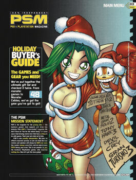 1boy 1girl absurdres adam_warren animal_on_arm artist_collaboration artist_name bare_legs bell blue_eyes breasts candy candy_cane christmas_tree christmas_wreath cleavage cleavage_cutout clenched_hand clothing_cutout crop_top daxter english_text fangs feet_out_of_frame food forehead fur-trimmed_gloves fur-trimmed_shorts fur_trim gloves green_bag green_eyes green_hair grin groin hair_intakes hand_up hat highres holding holding_sack jak_and_daxter jingle_bell keira_hagai looking_at_viewer magazine_scan medium_breasts midriff navel neck_bell official_art ottsel page_number parted_bangs pointy_ears pom_pom_(clothes) psm red_gloves red_hat red_shorts ryan_kinnaird sack santa_claus santa_costume santa_hat scan short_hair short_shorts short_sleeves shorts smile teeth third-party_source tongue tongue_out wreath