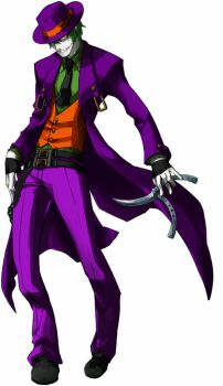 1boy alternate_color arc_system_works batman_(series) blazblue crazy dc_comics fedora full_body green_hair hat hazama makeup male_focus pale_skin solo standing the_joker yuuki_terumi