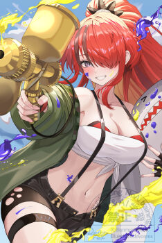 Rule 34 | 1girl, absurdres, bare shoulders, bike shorts, bike shorts under shorts, black hair, black shorts, blue sky, blush, breasts, cleavage, cloud, collarbone, commentary request, cowboy shot, crop top, day, devonrex, gloves, green jacket, grin, hair between eyes, hair over one eye, highres, holding, holding stuffed toy, jacket, lain paterson, lain paterson (1st costume), large breasts, long hair, long sleeves, midriff, multicolored hair, navel, nijisanji, off shoulder, open clothes, open fly, open jacket, paint splatter, paint splatter on face, ponytail, red hair, short shorts, shorts, sidelocks, sky, smile, solo, spray paint, standing, strapless, streaked hair, stuffed animal, stuffed shark, stuffed toy, suspender shorts, suspenders, teeth, thigh strap, torn bike shorts, torn clothes, tube top, virtual youtuber, watermark, white tube top