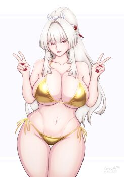 1girl absurdres bare_shoulders bikini breasts cleavage colored_eyelashes double_v gold_bikini hair_ribbon high_ponytail highres hiyuki_(wuthering_waves) large_breasts long_hair looking_at_viewer navel ponytail red_eyes red_nails ribbon rosewald1929 sidelocks solo swimsuit v white_eyelashes white_hair wuthering_waves