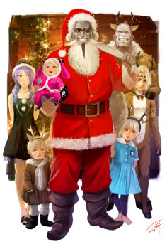 2girls 3boys aged_down animal_costume animal_ears baby bald barefoot blonde_hair blue_dress camilla_(fire_emblem) carrying carrying_baby carrying_person christmas_tree colored_skin female_corrin_(fire_emblem) deer_ears dress elise_(fire_emblem) fake_animal_ears family fire_emblem fire_emblem_fates garon_(fire_emblem) glasses green_dress grey_skin hans_(fire_emblem) hat highres holding holding_sack leo_(fire_emblem_fates) looking_at_viewer multiple_boys multiple_girls nintendo purple_hair reindeer_costume sack santa_costume santa_hat soeda_ippei watermark white_hair xander_(fire_emblem)