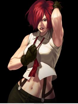 1girl bare_shoulders black_gloves breasts crop_top cropped_shirt gloves highres large_breasts lipstick looking_at_viewer makeup mature_female midriff navel necktie official_art pants red_eyes red_hair red_necktie shirt short_hair sleeveless snk solo square-end_necktie suspenders the_king_of_fighters vanessa_(kof)
