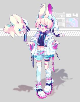 1boy absurdres animal_ear_fluff animal_ear_piercing animal_ears asymmetrical_legwear bandaid bandaid_on_finger bandaid_on_hand bandaid_on_thigh barcode belt black_jacket blue_nails blue_shorts blush bright_pupils commentary cropped_jacket dated_commentary drawstring earrings eyes_visible_through_hair fang full_body grey_background hat hat_with_ears highres jacket jewelry leg_warmers male_focus mismatched_legwear multicolored_nails navel o-ring o-ring_belt open_clothes open_jacket open_mouth original ozreiji pink_belt pink_eyes pink_hair pink_nails qr_code rabbit_earrings rabbit_ears ribbed_leg_warmers shoes short_hair shorts single_leg_warmer single_thighhigh skin_fang smile sneakers solo stuffed_animal stuffed_rabbit stuffed_toy symbol-only_commentary thigh_strap thighhighs trap tsurime w_arms white_hat white_jacket white_leg_warmers white_pupils white_shoes white_thighhighs zipper