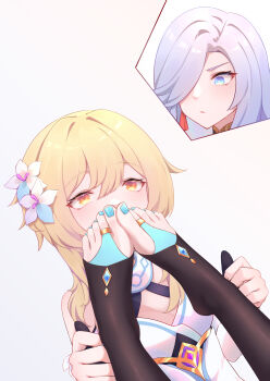 2girls absurdres bare_shoulders black_legwear blonde_hair blue_nails blush chan_sang commentary_request dress earrings eyelashes feet flower foot_focus foot_on_another&#039;s_face genshin_impact gloves gradient_eyes hair_between_eyes hair_flower hair_ornament hair_over_one_eye highres jewelry lumine_(genshin_impact) multicolored_eyes multiple_girls nail_polish no_shoes partially_fingerless_gloves shenhe_(genshin_impact) silver_hair smelling smelling_feet tassel tassel_earrings toe_ring toenail_polish toenails toes white_dress yellow_eyes