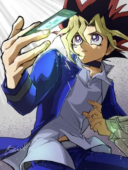 Rule 34 | 1boy, arm up, blonde hair, blue coat, blue pants, card, closed mouth, coat, collared coat, collared shirt, commentary, duel disk, english commentary, highres, holding, holding card, male focus, multicolored hair, muto yugi, open clothes, open coat, pants, popped collar, purple eyes, sannee 618, shirt, signature, solo, spiked hair, tears, two-tone hair, white shirt, wing collar, yu-gi-oh!, yu-gi-oh! duel monsters