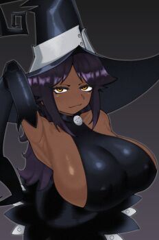 1girl alternate_breast_size_(larger) armpit_crease armpits bare_shoulders blair_(soul_eater) blair_(soul_eater)_(cosplay) bleach breasts closed_mouth collarbone cosplay dark-skinned_female dark_skin elbow_gloves female_focus glasscrow gloves hat highres large_breasts looking_at_viewer purple_hair shihouin_yoruichi sideboob simple_background upper_body witch_hat yellow_eyes