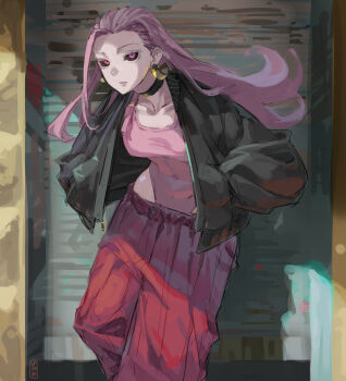 1girl absurdres against_wall bare_hips black_jacket black_sclera choker colored_sclera commentary_request earrings hands_in_pockets highres jacket jewelry jujutsu_kaisen kakapyramid leaning_forward leotard looking_at_viewer pants pink_eyes pink_hair pink_leotard red_pants solo uro_takako