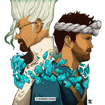 2boys absurdres artist_name back-to-back beard breaking_bad brown_facial_hair brown_hair chrome_(dr._stone) chrome_(dr._stone)_(cosplay) commentary cosplay cracked_skin dr._stone drugs english_commentary facial_hair glasses goatee henriyuken highres instagram_logo ishigami_senkuu ishigami_senkuu_(cosplay) jesse_pinkman male_focus methamphetamine multiple_boys physics short_hair simple_background upper_body walter_white white_background white_hair wrinkled_skin