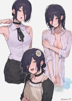 1girl :d absurdres apron black_choker black_hair black_ribbon black_shirt breasts chainsaw_man choker commentary flower green_eyes grenade_pin hair_between_eyes hair_bun hair_flower hair_ornament highres long_hair_between_eyes looking_at_viewer medium_breasts medium_hair multiple_expressions multiple_views naked_shirt neck_ribbon open_clothes open_mouth open_shirt pull_cord reze_(chainsaw_man) ribbon shirt shirt_tucked_in simple_background single_hair_bun sleeveless sleeveless_shirt smile sooon twitter_username wet wet_clothes wet_hair wet_shirt white_shirt