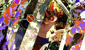 1girl abstract_background absurdres black_hair colorful dark_skin highres kevin_adi looking_at_viewer original red_eyes smile solo symbol-shaped_pupils