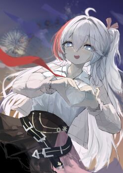 1girl absurdres ahoge belt belt_buckle blue_eyes blush buckle cardigan collarbone ferris_wheel fireworks frilled_sleeves frills hair_intakes hair_ribbon happy he_yue heart heart-shaped_pupils heart_hands highres kanami_(heartbeat_memories)_(strinova) kanami_(strinova) long_hair looking_at_viewer multicolored_hair necktie night night_sky open_mouth outdoors pleated_skirt ponytail red_hair ribbon shirt shirt_tucked_in sidelocks skirt sky solo symbol-shaped_pupils teeth upper_teeth_only white_hair white_shirt wind
