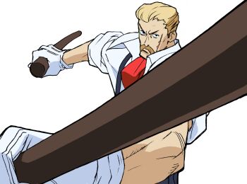 Rule 34 | 1boy, ascot, bengus, black pants, blonde hair, buttons, collared shirt, dual wielding, eagle (street fighter), facial hair, fighting stance, game cg, gloves, highres, holding, holding weapon, male focus, mustache, non-web source, official art, pants, red ascot, scar, scar on face, shirt, short hair, simple background, sleeves rolled up, solo, stick, street fighter, street fighter zero (series), suspenders, weapon, white background, white gloves, white shirt