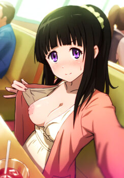 1girl black_hair blunt_bangs blush booth_seating breasts breasts_out chitanda_eru clothes_pull cup dress_pull drink drinking_glass exhibitionism flashing hair_ornament hair_scrunchie hyouka indoors jacket long_hair looking_at_viewer medium_breasts nipples no_bra nose_blush one_breast_out open_clothes open_jacket oppai_challenge poruserin presenting_breasts public_indecency purple_eyes scrunchie selfie sitting solo_focus sweatdrop